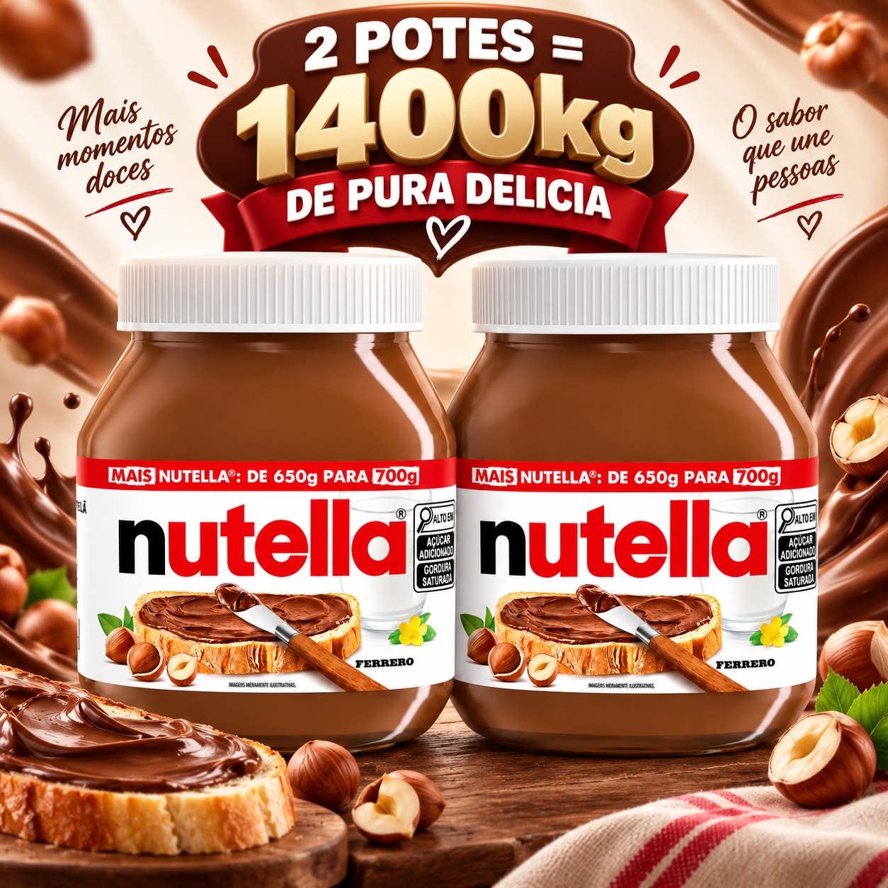 Dois potes de Nutella de 700g lado a lado