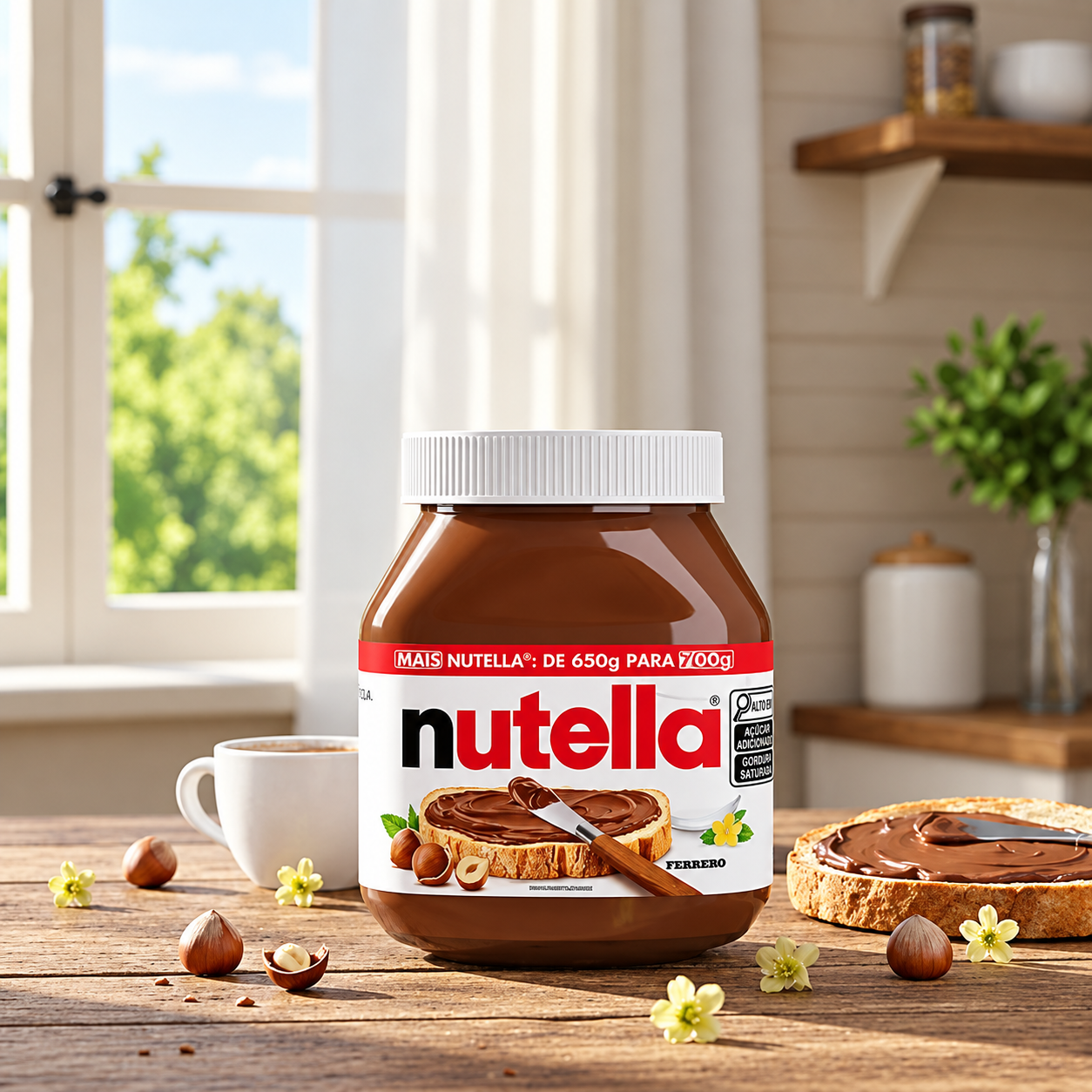 Nutella no café da manhã em uma cozinha iluminada